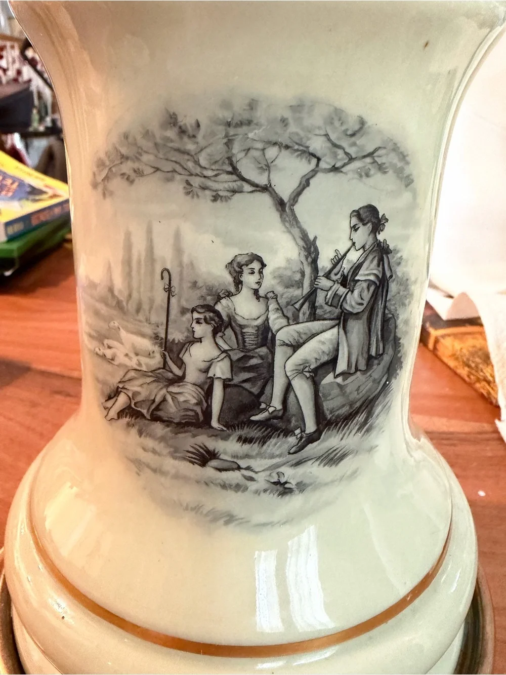 Victorian Pastoral scene porcelain brass Table Lamp sage green Gold Trim